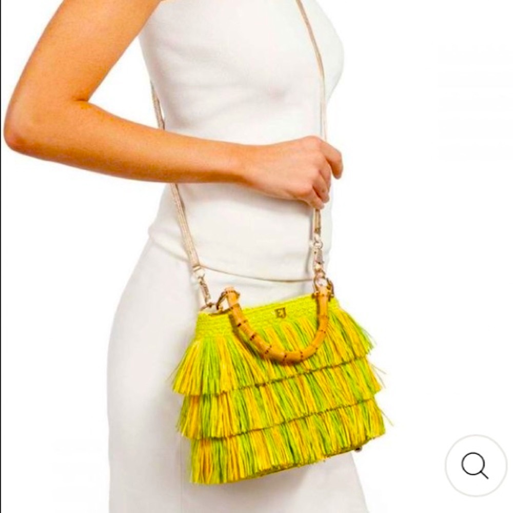 LAST ERIC JAVITS LIL’ MAMBO STRAW BAG IN CHARTREUSE WITH XBODY STRAP - Picture 3 of 8